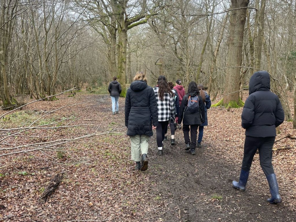 A group of girls in winter coats walking through woodland, with the ground covered in autumn leaves.