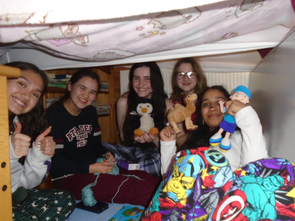Five girls in a den. One giving a thumbs up, one knitting with blue wool, one holding a penguin toy, one wearing glasses and smiling, and one holding a toy camel and a Ranger toy.