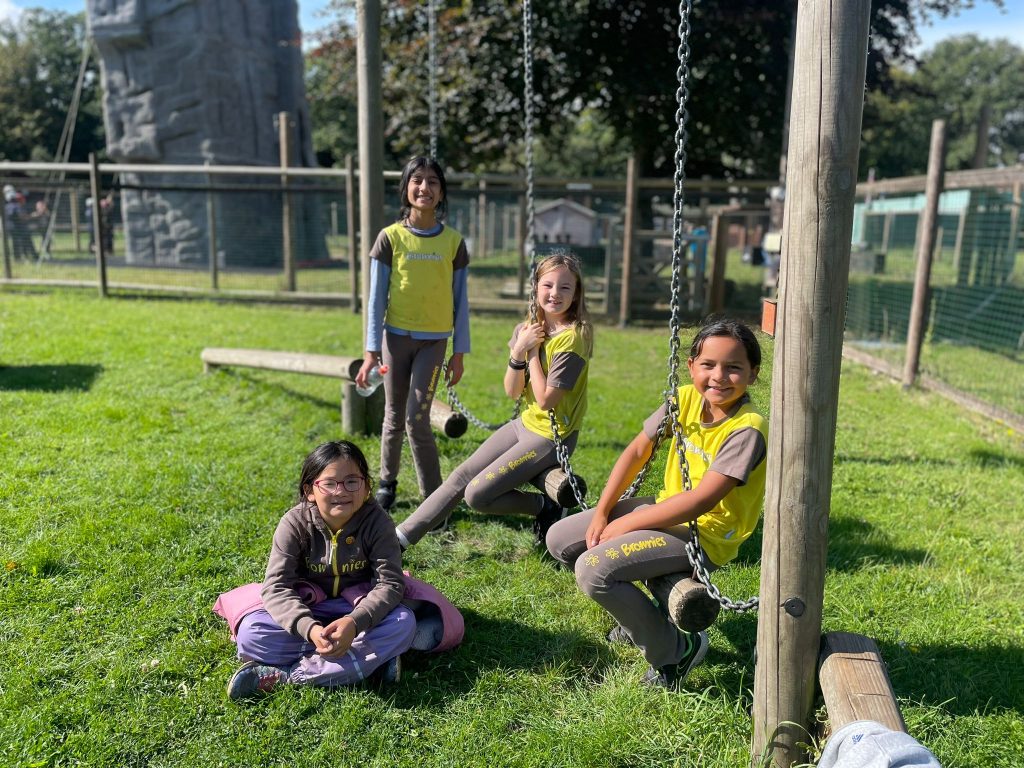 Two Brownies sitting on swinging logs, while one stands nearby and another sits cross-legged on the grass.