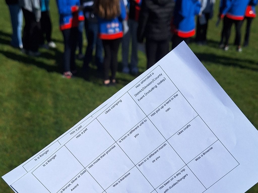 Guiding Bingo sheets. Boxes include, Likes Camping, Has a Pet, Has Put A Tent up In The Rain, Was a Rainbow.